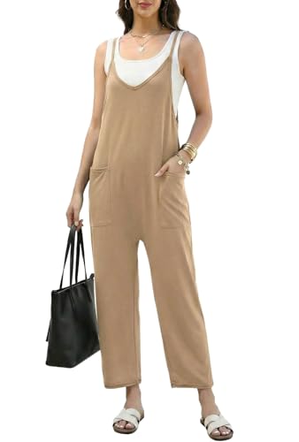 Ekouaer Jumpsuit Damen Kurz Sommer Ärmellos Romper Racerback U-Ausschnitt Locker mit Taschen Strand Urlaub Lässig Overall Kurze Hose, Lang Khaki, M