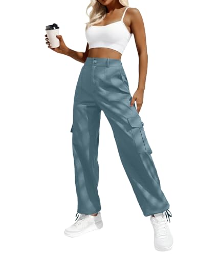 Lepunuo Women's High Waisted Cargo Pants Travel Y2K Streetwear Baggy Stretchy Pants with 6 Pockets Drawstring Ankle Cuffs