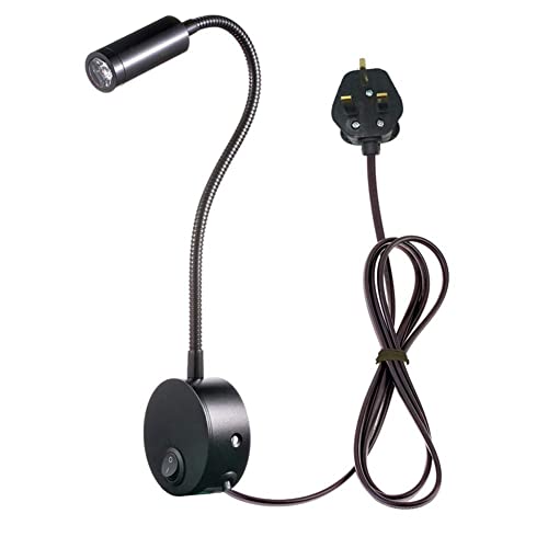 WeFoonLo 3W Wall Mounted Reading Light Flexible Gooseneck LED Sconce Lamp with Plug & Switch for Bedroom, Office, Workbench, Studio (3W Black-Cool White)