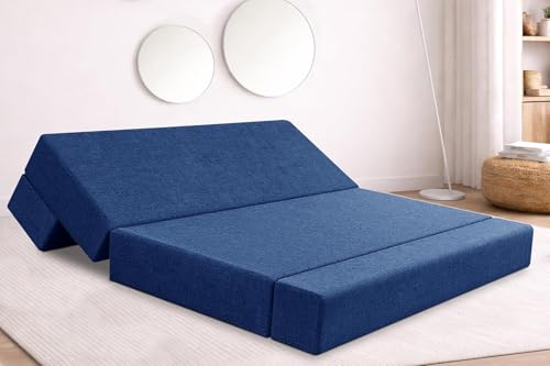 Image of Rosebell Three Seater Foldable Sofa Cum Bed (5x6 Feet) Jute Fabric, Washable Removable Cover, | Space Saving Convertible Sofa Bed for Home, Office & Guests - Blue