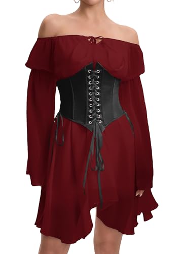 Image of Womens Corset Dresses Off Shoulder Bell Sleeve Casual Party Fairy Two Piece Outfits Bustier Dress