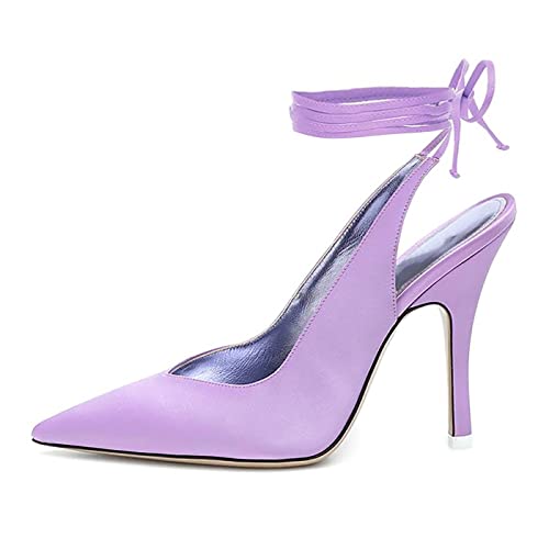 LEMUTISME Women's Sexy Pointed Toe Pumps Summer Lace-up Satin Stiletto High Heels Dressy Slingback Shoes for Party Evening