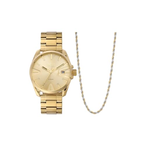 Diesel MS9 Montre pour Hommes, Mouvement à Quartz avec Bracelet en Silicone, Acier Inoxydable ou Cuir, ensemble De Tons Dorés, 44mm