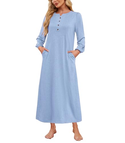 Womens Cotton Long Sleeve Nightgowns Soft Ladies Sleep Shirts Button V Neck Full Length Night Shirts Sleepwear with Pockets