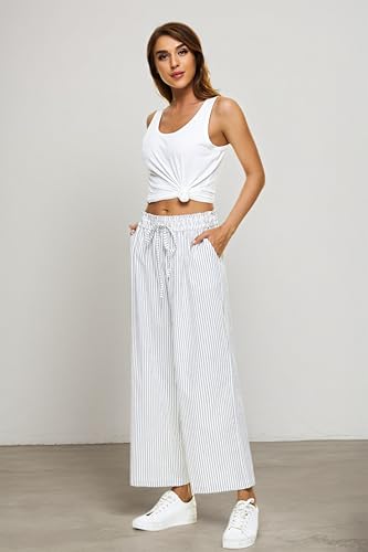 Image of LNX Womens Linen Capri Pants Wide Leg High Waisted Drawstring Casual Cropped Pants with Pockets