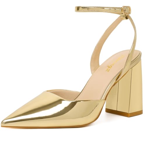 RIBONGZ Block Gold Heels for Women Closed Pointed Toe Pumps Slingback Chunky High Heel Ankle Strap Heeled Comfortable Comfort Dressy Shoes for Work Party Prom Wedding Bridal Dress Size 7