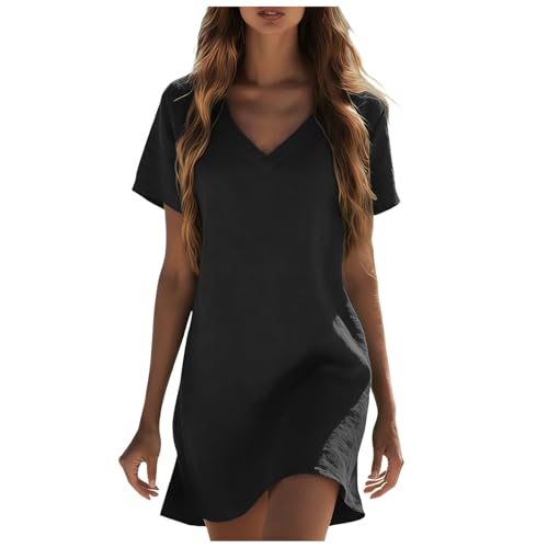 Vestido de Verano para Mujer Algodón Lino Casual Escote V Midi Manga Corta Camiseta Vestido Línea A Festival Túnica Playa Viaje Vacaciones (Negro #2, 4XL)
