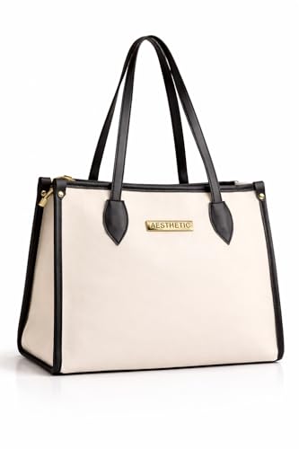 Image of Women's Laptop Tote Bag Stylish Office Handbag for Women | Large Capacity Ladies Shoulder Bag | Premium Structured Leatherette Purse for Office, College & Travel | Beige Black