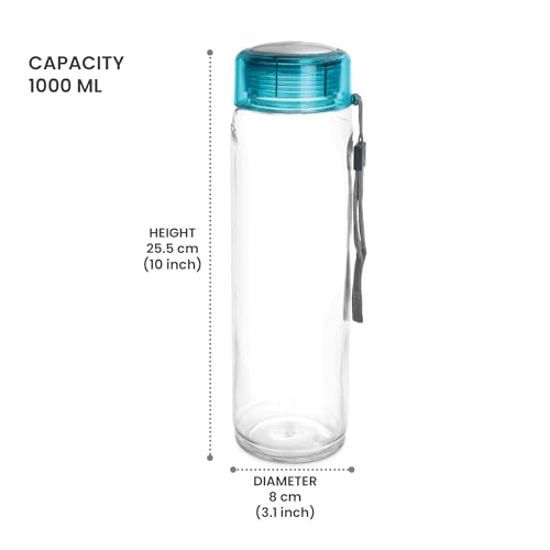 Image of Treo By Milton Hector Glass Bottle 1000 ml I Leak Proof I Premium Glass I Food Grade-Bpa Free Material I Odour Proof I Easy To Carry Strap I Perfect for Home, Office, Blue