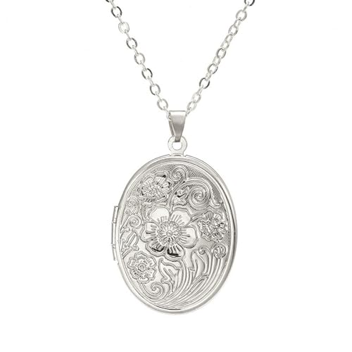 SCRDPRAD Vintage Engraved Flower Empaistic Photo Locket Hold Picture Oval Round Pendant Necklace Antique Carved Pattern Souvenir Memorial Clavicle Sweet Jewelry for Women-silver