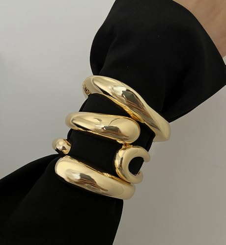 Image of Chunky Gold Bangle Bracelets for Women, Dainty 14k Gold Plated Big Stackable Bangles Set, Trendy Statement Cuff Bracelet Stack Fashion Jewelry Gifts