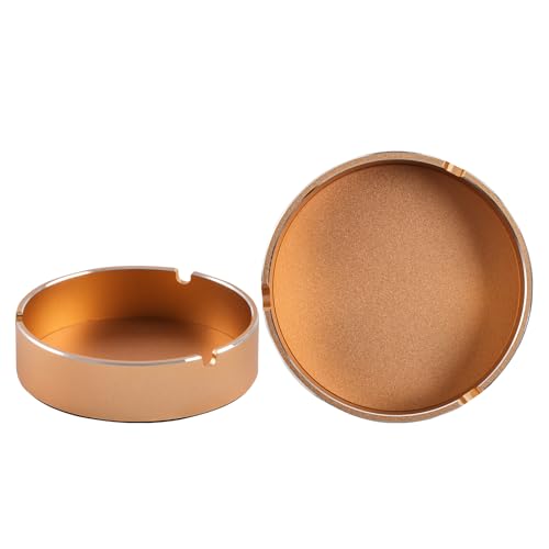 Image of Aluminum Alloy Ashtray Metal Cigarette Smoking Ashtray for Cigarettes, Outdoor, Indoor Round Patio Ashtray, 3 Slots Each (4 x 4 x 1 In) （Gold）
