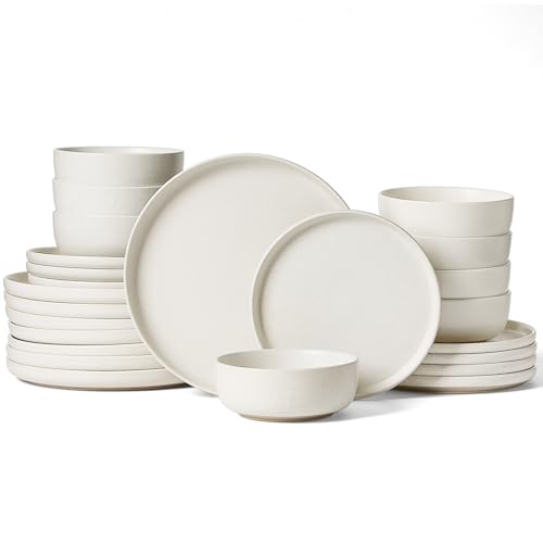 Image of Famiware Milkyway Plates and Bowls Sets, 24 Pieces Dinnerware Sets, Reactive Glaze Dish Set, Stoneware Dishes Set for 8, Matte Beige White