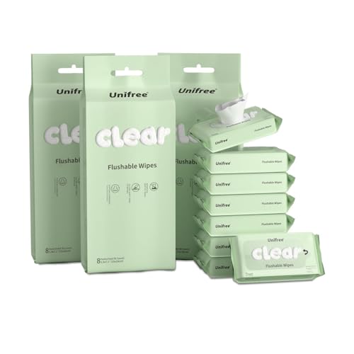Unifree Compact Flushable Wipes XL On-The-Go Pocket Wipes for Sensitive Skin Unscented Travel Biodegradable 32 Pack 224 Wipes