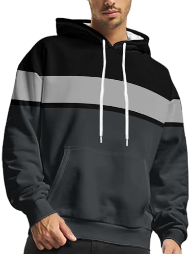 Mens Hoodies Pullover Color Block Casual Drawstring Long Sleeve Sweatshirt Tops with Pocket2