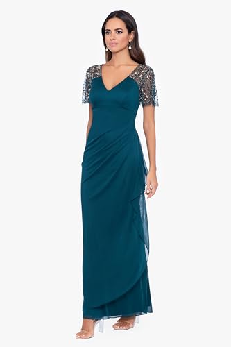 Image of Xscape Floor Length Jersey Knit Evening Gown with V-Neckline, Beaded Flutter Sleeves and Ruched Draping