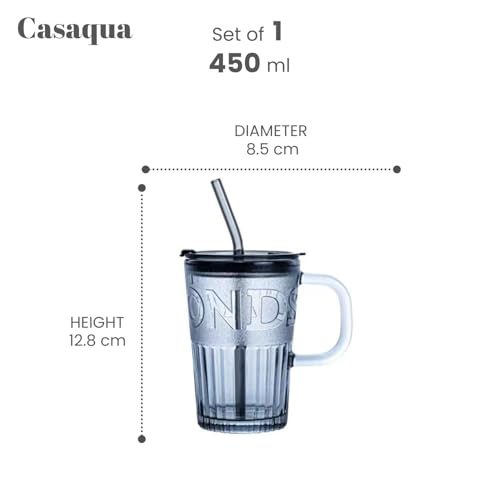 Image of Glass Tumbler with Airtight Lid and Straw - 450ml, Pack of 1, Travel Coffee Sipper Mug for Juice Cocktail Iced Tea Smoothie Hot Cold Drink Cup Home & Office (Receiving Random Color)