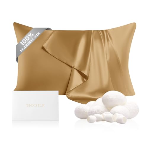 Image of THXSILK 100% Pure Mulberry Silk Pillowcase for Hair and Skin, 22 Momme Zipper Silk Pillow Case Standard Size, Real Silk Pillowcase with Zipper, Anti Aging Acne Free (Metallic Gold, King 20 inchx36 inch)