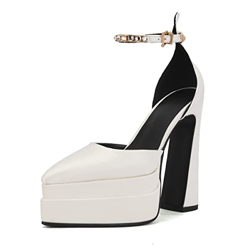 Arqa Women's Platform Heel Pumps Rhinestone Ankle Strap Pointed Toe High Heels Satin Silk Platforms Dress Wedding Shoes3