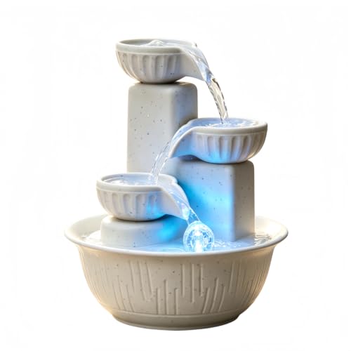 Image of Desk Fountain for Indoor Table, 3-Tier Cascading Waterfall with Warm LED Light - Compact Tabletop Water Feature, Calming Home Office Decor for Bedroom, Yoga Meditation(Cream)