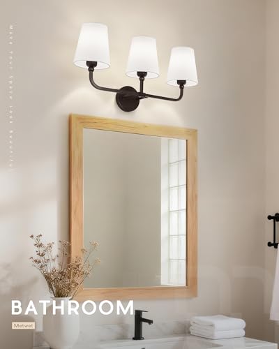 Image of Bathroom Light Fixtures, 3-Light Oil Rubbed Bronze Vanity Lights with Flared White Fabric Shade, Vintage Sconces Wall Lighting for Hallway Bedroom, VL837-ORB-3