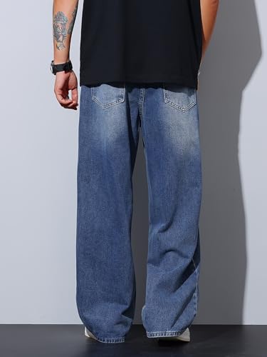 Image of AVANOVA Men's Baggy Fit Jeans- Solid Washed Denim Straight Wide-Leg | Streetwear Casual Dailywear Pants for Men | Trendy Loose-Fit Mid-Waist Denim Trousers (Jeans 247)