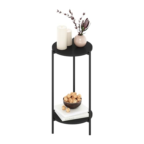 Furinno Besi 2-Tier Modern Tall Round Side End Table with Sturdy Metal Legs, 11.57 (W) x 8.16 (H) x 4.36 (D) inches, Americano