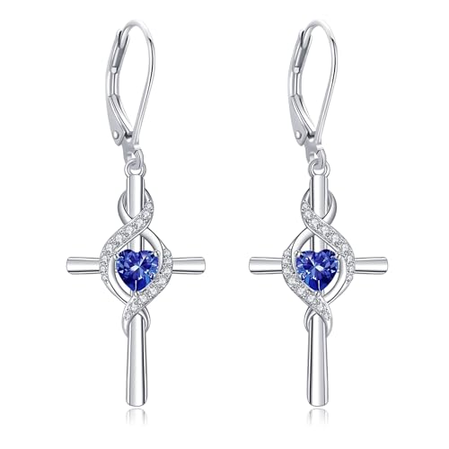 ONEFINITY Cross Earrings for Women 925 Sterling Silver Cross Birthstone Dangle Drop Earrings Infinity Cross Religious Jewelry Gifts for Women