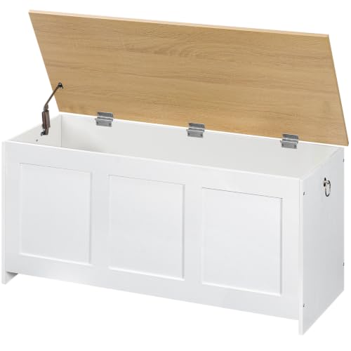 HOOBRO Truhen, Sitzbank mit Stauraum, Spielzeugkiste mit Deckel, 100 cm Aufbewahrungstruhe, Truhe mit Sicherheitsscharnier, Eingangsbereich, Weiß und Natürliche Holzfarbe EWN141CW01G1