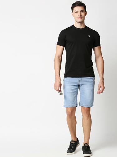 Image of HIGH STAR Men Blue Washed Mid-Rise Stretchable Denim Shorts (34)