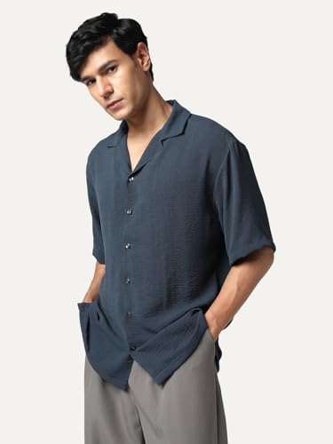 Image of Urbano Fashion Men's Cotton Half Sleeve Relaxed Fit Textured Shirt with Cuban Collar