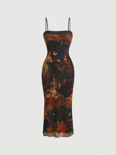 SweatyRocks Women's Allover Print Spaghetti Strap Bodycon Dress Elegant Sleeveless Lettuce Trim Midi Dresses3