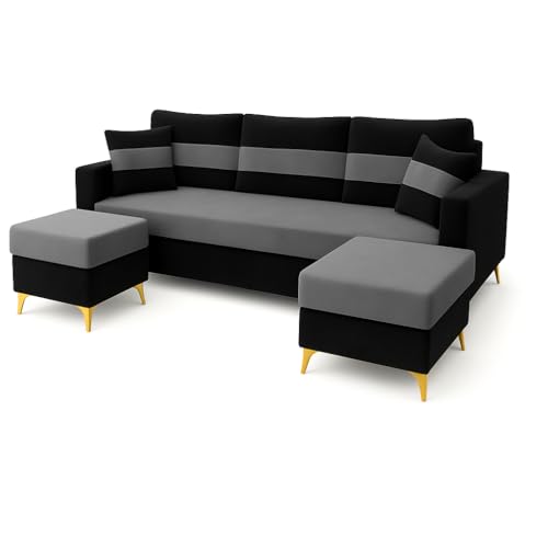 Image of SOCOZI Bastian 5 Seater L Shape Sofa Set with 2 Movable Ottomans | Flexible Layout | Soft Velvet Suede Fabric|Modern Sofa | Plush Comfort Cushions for Living Room (Black- Dark Grey)
