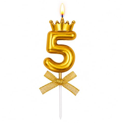 Image of Number 5 Unscented Candle with Crown 3 inch for 5th Birthday Party, Wedding Anniversary, Engagement Celebration, Theme Party, Bachelors Decoration, Gold Numerical No 5