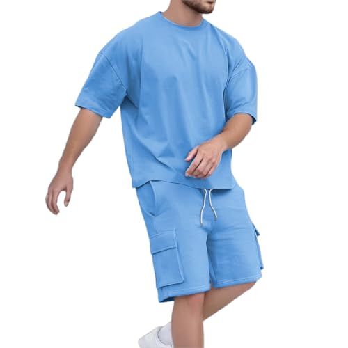 GOSEAGOTOFUN Mens Short Sets 2 Piece Outfits Trendy Summer Drop Shoulder Oversize Tee Shirt Shorts Sets Jogging Tracksuits