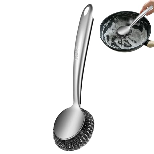 Decorhome Estropajo De Acero - Estropajo De Lana De Acero Con Mango Largo De 28 Cm Para Ollas, Sartenes, Platos De Cocina | Esponja De Metal Desmontable Con Almohadillas De Lana De Acero Para Una Limp