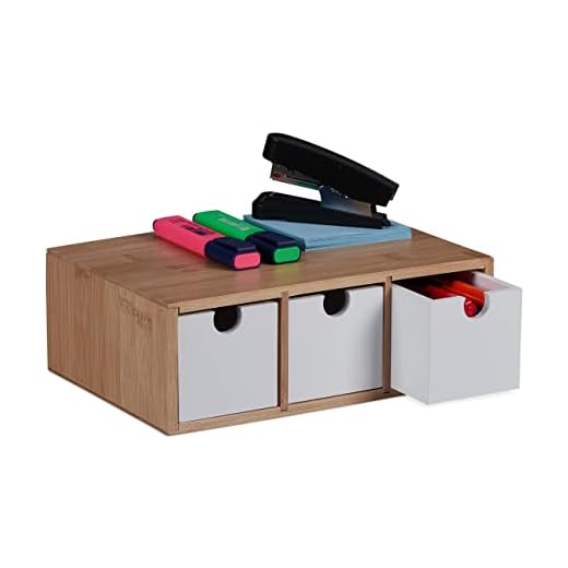 Relaxdays Cajonera Organizador de Escritorio 3 Cajones, Minicajonera Bambú y MDF, 9 x 26 x 18 cm, Multiusos, Natural/Blanco, ingeniería Material de Madera