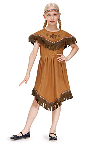 BesserBay Indianer Kinderkostüm Mädchen mit Quasten mit Stirnband Amerikanischer Ureinwohner für Halloween,Karneval,Rollespiele Braun 140