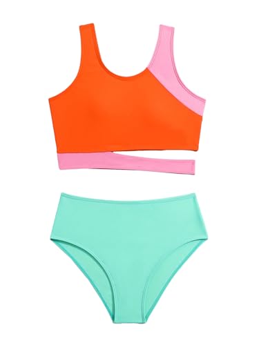 Image of Milumia Girl's 2 Piece Swimsuits Color Block Cut Out Sport Swimwear Bathing Suits Green and Orange 8Y