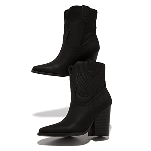 FYS Women Cowboy Western Stitched Ankle Boots Pointed Toe Stacked Chunky High Heel Booties Cowgirl Outfit Ladies Shoes Size 4-15 US2