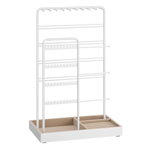 Image of SONGMICS Necklace Holder, Jewelry Stand Holder Organizer, Jewelry Display with Metal Frame, Velvet Tray, Earring Bracelet Holder, for Gift Idea, 5.5 x 9.4 x 14.1 inch, Matte White UJJS028W01