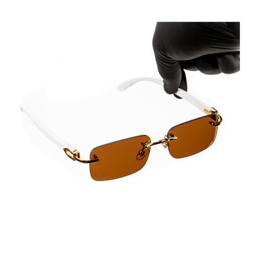 Street Knitted Luxury Gold Frame Rimless Brown Tint Men's Frameless Designer Retro 90's Rectangular Lens Sun Glasses Hip Hop White Wood Arm Shades Square Buffs Sunglasses For Men Women - Main Image