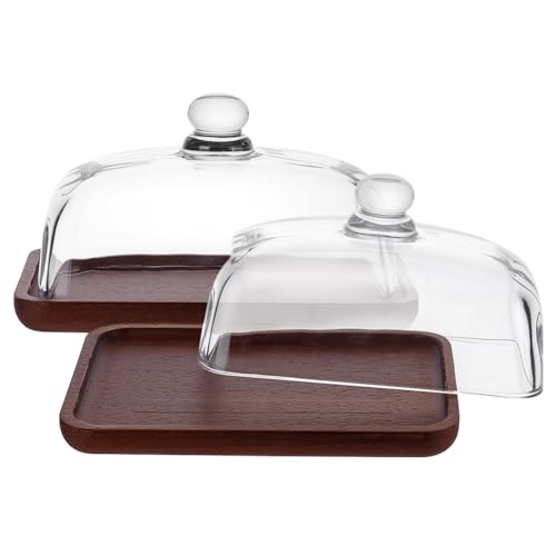 nbeads Soporte rectangular para tartas de madera con cúpula de cristal, plato para tartas con tapa, campana de cristal para tartas, con base para cocina, hornear, regalos, 12 x 17,6 x 10 cm
