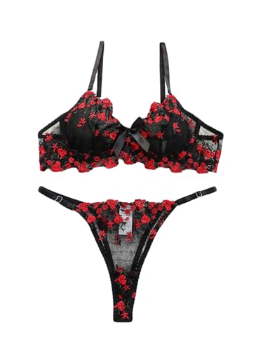 Image of Sexy Floral Embroidered Flower Mesh Underwire Push Up Lingerie Set