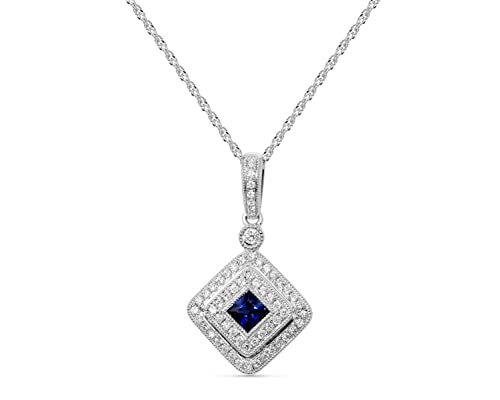 14K White Gold Genuine Sapphire 1/4 Ct Square, Diamond Pendant Necklace3