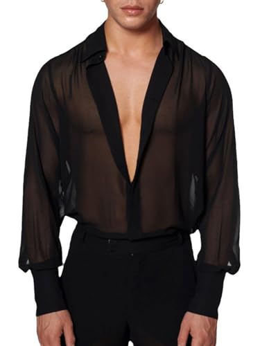 Men's Mesh Sheer See Through Long Sleeve Rave Disco Outfit Collar Button Front Party Shirt Tops