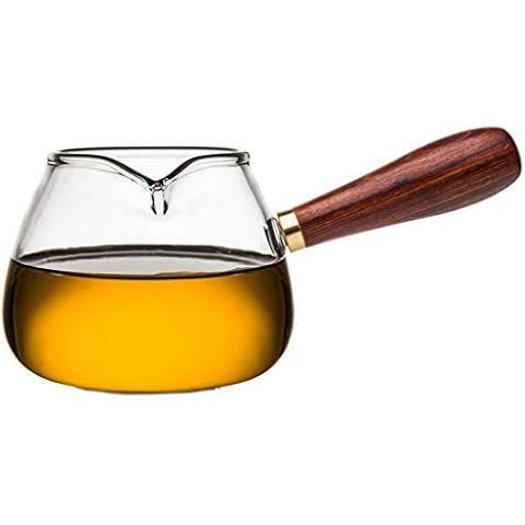 Goeielewe Glass Pitcher with Wood Handle, 11.5-Ounce Milk and Cream Pitcher, Milk Cup Jug, Shot Glasses Espresso Parts Heat Resistant Glass Creamer for Coffee Tea or Maple Syrup Serving Cover