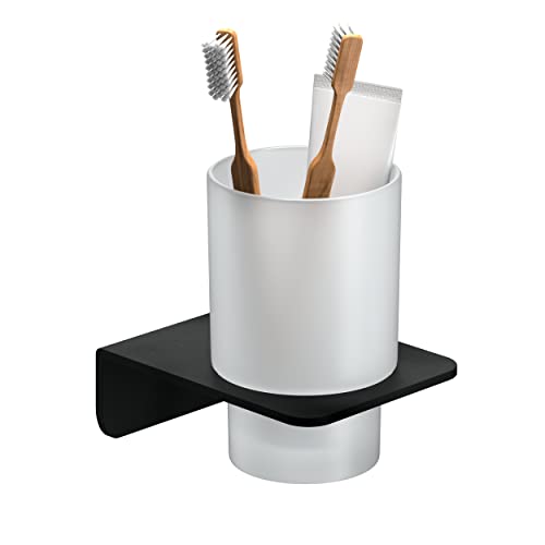 WEISSENSTEIN Portavaso baño Pared | Vaso cepillos de Dientes Negro | Soporte Cepillo Dientes Pared | Vaso baño Cristal Acero Inoxidable Cover
