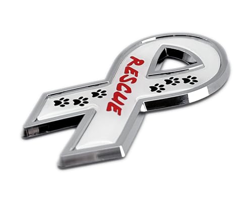 Image of Elektroplate Pet Rescue White Ribbon OEM Chrome Emblem for Cars, Trucks, and All Auto | Universal Fit at 3.25 inch x 1.5 inch | Weatherproof
