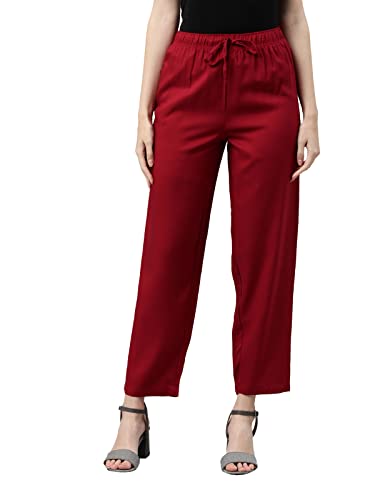 Image of GO COLORS Women Solid Mid Rise Relaxed Fit Viscose Casual Pants